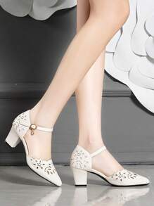 2025秋冬新款尖头粗跟镂空女凉鞋，百搭优雅，女士高跟鞋，优雅 - 米色 - 查看 4