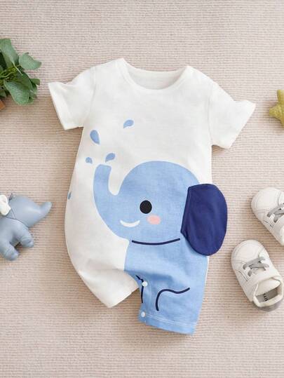 Yierying Baby Boy Summer Elephant Pattern Bodysuit, Outdoor Cute Style, Comfortable Casual & Simple