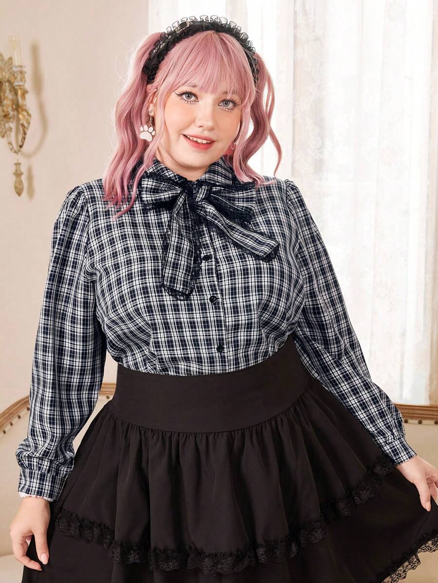 ROMWE Kawaii Hơn In kẻ sọc Cà vạt Áo sơ mi - Xanh và trắng - Xem 1