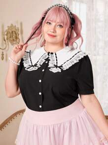 ROMWE Kawaii 大碼蕾絲拼接誇大領口泡泡袖襯衫 - 黑色 - 查看 1