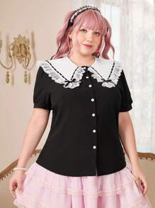 ROMWE Kawaii 大碼蕾絲拼接誇大領口泡泡袖襯衫 - 黑色 - 查看 3