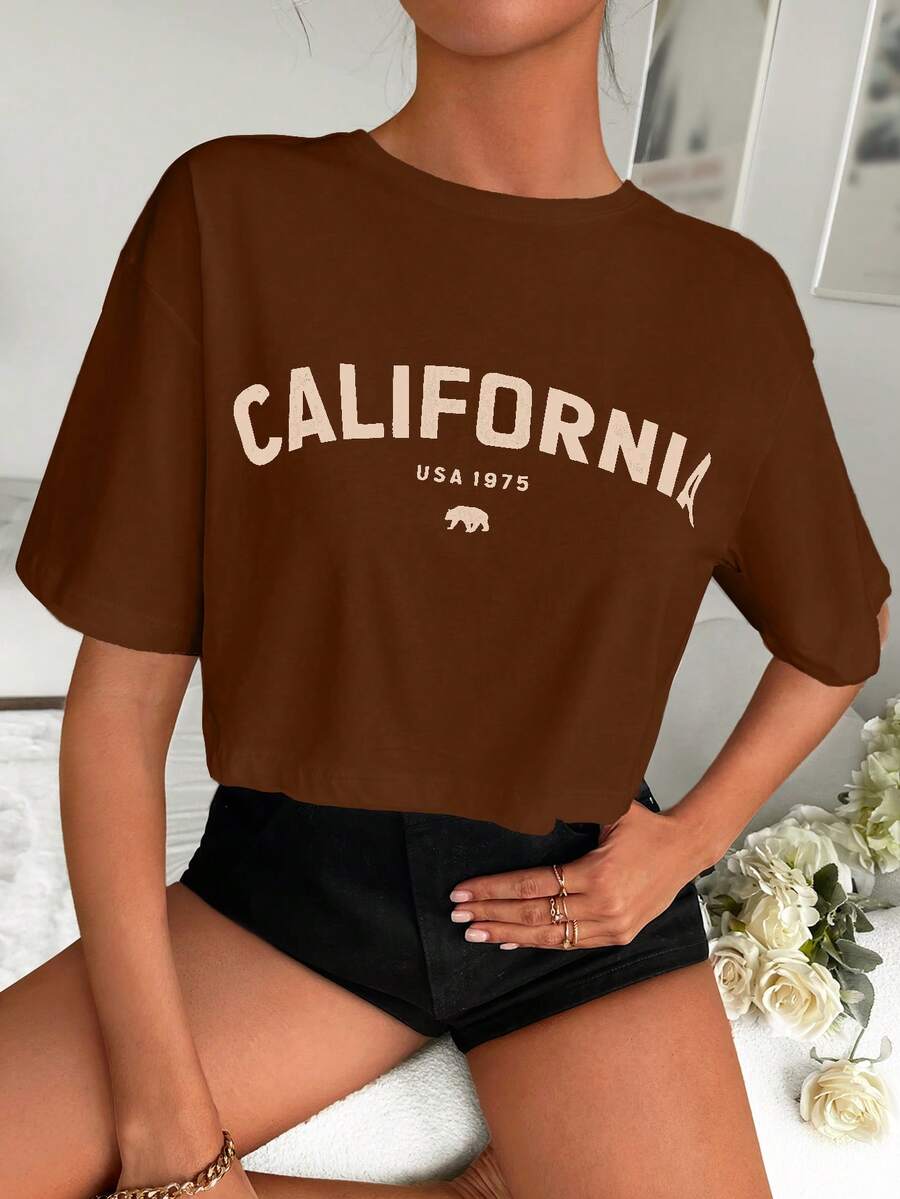 Cottnline Letter Graphic Drop Shoulder Tee - Coffee Brown - View 1