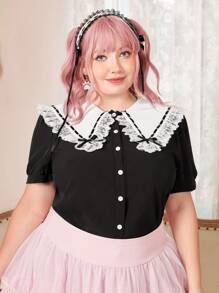 ROMWE Kawaii 大碼蕾絲拼接誇大領口泡泡袖襯衫 - 黑色 - 查看 5