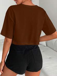 Cottnline Letter Graphic Drop Shoulder Tee - Coffee Brown - View 2