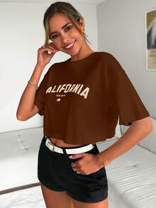 Cottnline Letter Graphic Drop Shoulder Tee - Coffee Brown - View 3