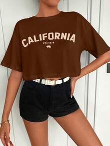 Cottnline Letter Graphic Drop Shoulder Tee - Coffee Brown - View 5
