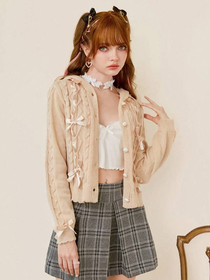 Our Kawaii Bow Front Cable Knit Cardigan is such a vibe - ROMWE