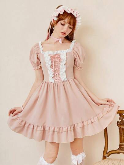 Colorblock Lace Up Front Puff Sleeve Ruffle Hem Dress