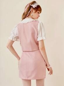 ROMWE Kawaii 正面蝴蝶結泡泡袖襯衫和裙子