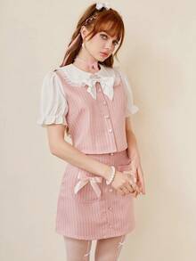 ROMWE Kawaii 正面蝴蝶結泡泡袖襯衫和裙子