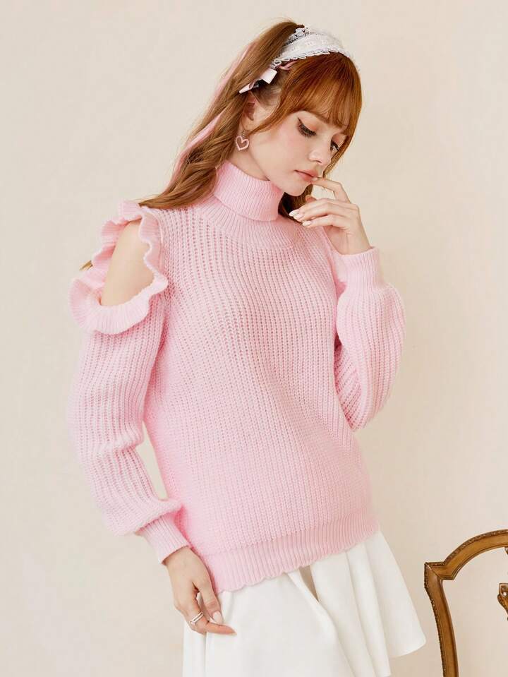 Our Kawaii Turtleneck Cold Shoulder Ruffle Trim Cut Out Sweater is - Main Image
