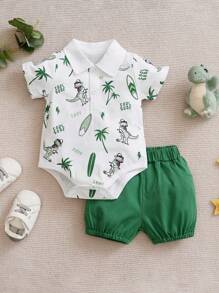 Yierying Baby Boys' Short Sleeve Dinosaur Print Outdoor Style Polo Shirt And Shorts Set For Spring/Summer