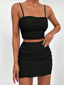 SHEIN PETITE Ruched Crop Cami Top & Bodycon Skirt - Black - View 1