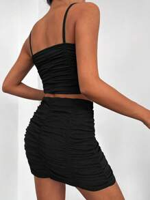 SHEIN PETITE Ruched Crop Cami Top & Bodycon Skirt - Black - View 2
