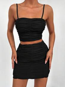 SHEIN PETITE Ruched Crop Cami Top & Bodycon Skirt - Black - View 3
