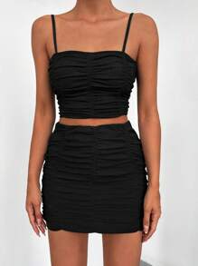 SHEIN PETITE Ruched Crop Cami Top & Bodycon Skirt - Black - View 4