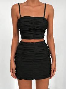 SHEIN PETITE Ruched Crop Cami Top & Bodycon Skirt - Black - View 5