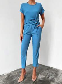 EURMUSE 前抽繩蝙蝠袖T恤和褲子 - 藍色 - 查看 1