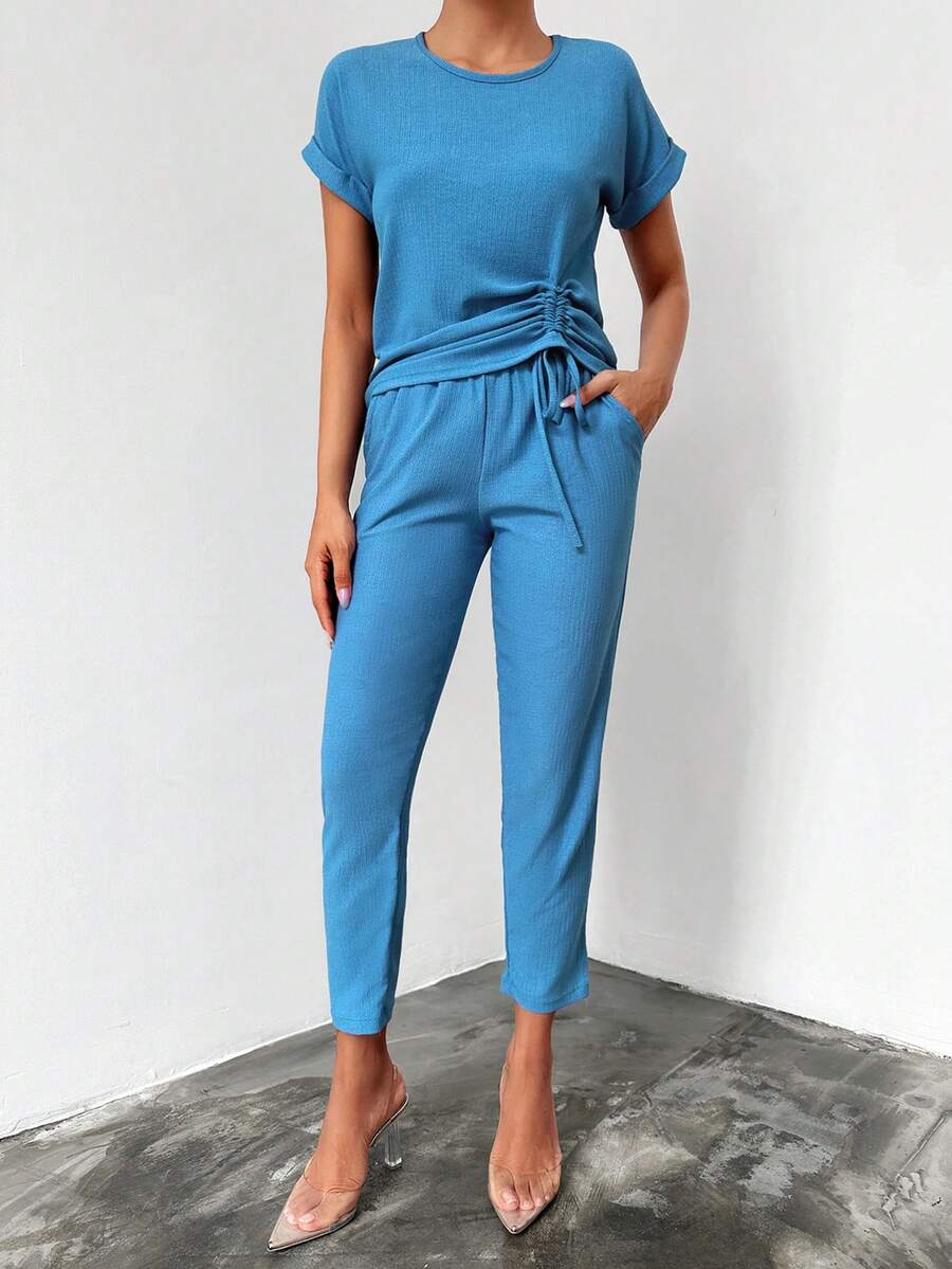 EURMUSE 前抽繩蝙蝠袖T恤和褲子 - 藍色 - 查看 1