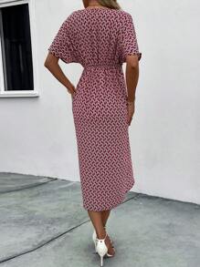 SHEIN Clasi Allover Print Batwing Sleeve Wrap Hem Dress - Burgundy - View 2
