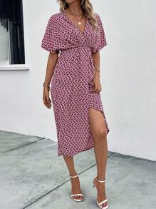 SHEIN Clasi Allover Print Batwing Sleeve Wrap Hem Dress - Burgundy - View 3