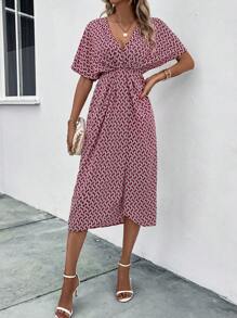 SHEIN Clasi Allover Print Batwing Sleeve Wrap Hem Dress - Burgundy - View 4
