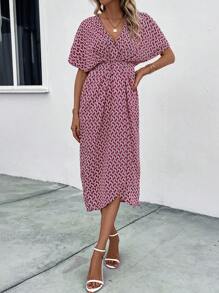 SHEIN Clasi Allover Print Batwing Sleeve Wrap Hem Dress - Burgundy - View 5