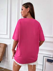 SHEIN Unity Women's Casual Vacation Style Cactus & Slogan Print Loose Fit T-Shirt, Summer - Hot Pink - View 2