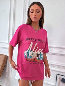 SHEIN Unity Women's Casual Vacation Style Cactus & Slogan Print Loose Fit T-Shirt, Summer - Hot Pink - View 3