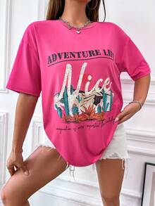 SHEIN Unity Women's Casual Vacation Style Cactus & Slogan Print Loose Fit T-Shirt, Summer - Hot Pink - View 6