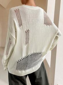 SHEIN Unity Solid Drop Shoulder Open Knit Pullover Fall Winter Sweater - White - View 2