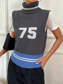 SHEIN Unity 1入組字母圖案高領毛衣背心 - 深灰色 - 查看 3