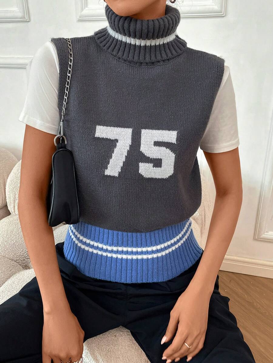 SHEIN Unity 1入組字母圖案高領毛衣背心 - 深灰色 - 查看 1