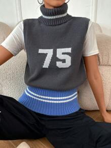 SHEIN Unity 1入組字母圖案高領毛衣背心 - 深灰色 - 查看 4