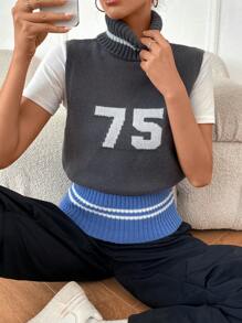 SHEIN Unity 1入組字母圖案高領毛衣背心 - 深灰色 - 查看 5