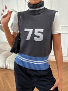 SHEIN Unity 1入組字母圖案高領毛衣背心 - 深灰色 - 查看 6