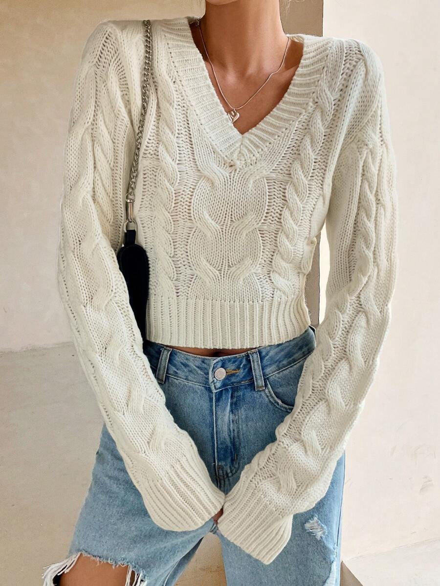 Flirla Cable Knit Drop Shoulder Crop Jumper - White - View 1