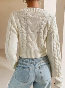 Flirla Cable Knit Drop Shoulder Crop Jumper - White - View 2