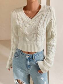Flirla Cable Knit Drop Shoulder Crop Jumper - White - View 3