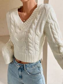 Flirla Cable Knit Drop Shoulder Crop Jumper - White - View 4