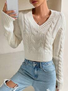 Flirla Cable Knit Drop Shoulder Crop Jumper - White - View 6