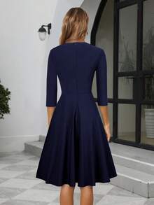HOMEYEE Contrast Lace Zip Back Dress - Navy Blue - View 2