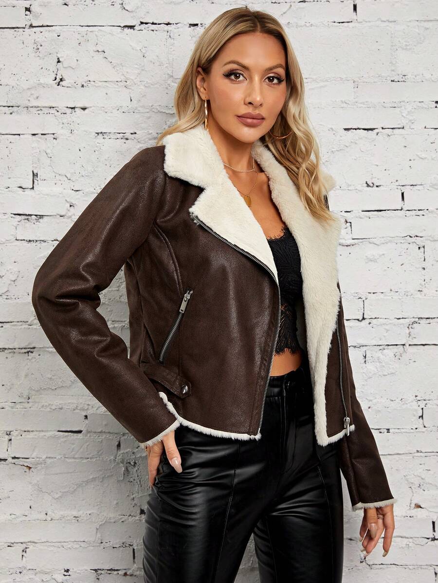 RELISH NOLESS 毛絨內襯拉鏈開襟PU皮革機車夾克