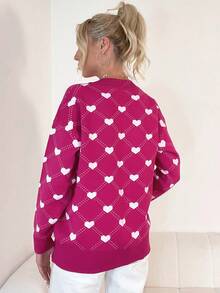 愛心圖案落肩袖開襟衫 - 玫紅色 - 查看 2