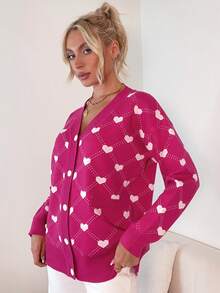 愛心圖案落肩袖開襟衫 - 玫紅色 - 查看 4