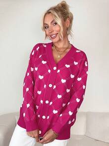 愛心圖案落肩袖開襟衫 - 玫紅色 - 查看 5