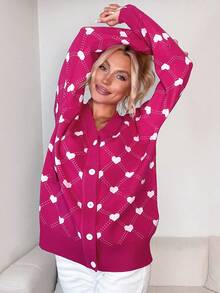 愛心圖案落肩袖開襟衫 - 玫紅色 - 查看 6