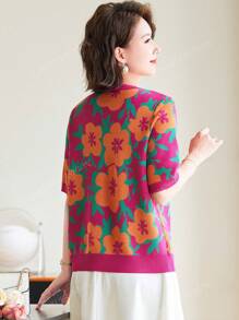 Suéter de punto con estampado floral para primavera y verano | Moda para mujer Pullover de manga corta | Parte superior casual y cómoda