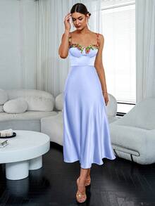 Glamaker Floral Embroidery Appliques Cami Dress - Blue - View 4