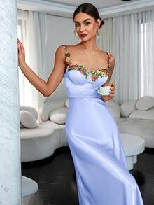 Glamaker Floral Embroidery Appliques Cami Dress - Blue - View 6